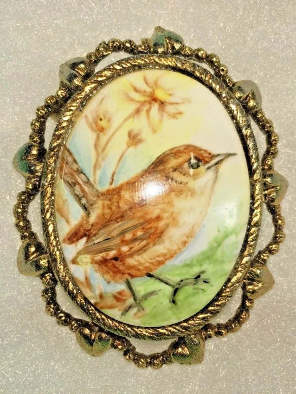 Vintage Bird And Nest Hand Painted Signed On Porcelain Brooch-Pendant